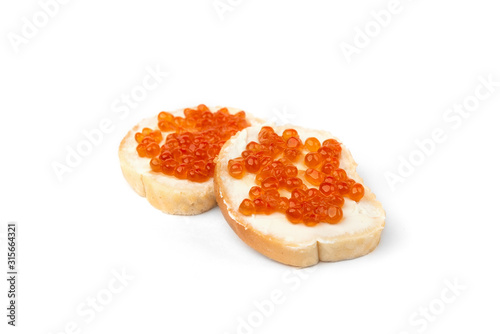  Sandwiches with red caviar isolated on white background.