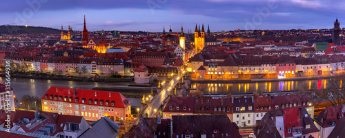 Aerial panoramic view of Old Town with cathedral, city hall and Alte Mainbrucke in Wurzburg, part of the Romantic Road, Franconia, Bavaria, Germany photo