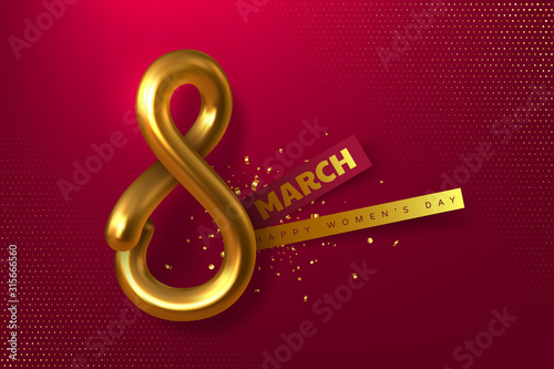 8 March greeting card for International Womens Day. 3d metallic golden number 8 with confetti and paper stickers, red dotted background. Vector illustration.