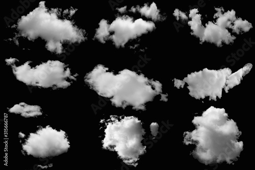 Group of clouds white fluffy for design on a isolated elements black background.