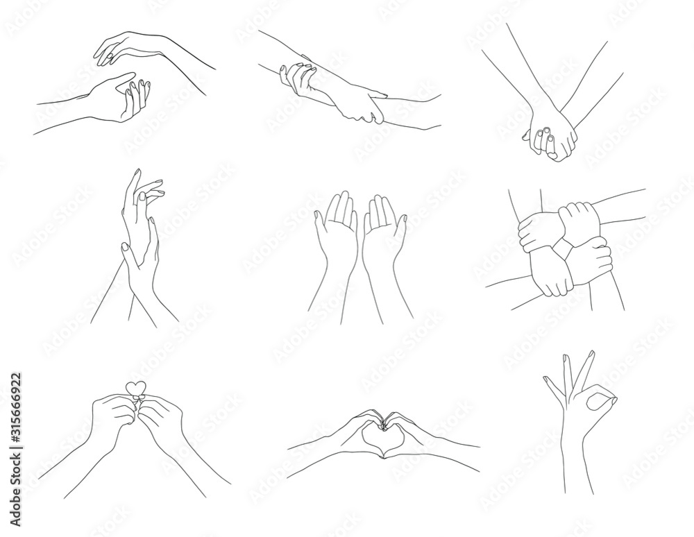 set of hands. thin line drawing black hands . Vector illustration