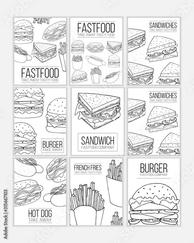 Set of fast food flyer templates. Street food cartoon illustrations for design and web
