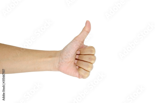 Closeup of female hand showing thumbs up sign against isolated on white background