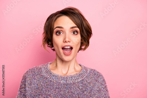 Close-up portrait of her she nice-looking attractive lovable lovely pretty charming amazed cheerful cheery brown-haired girl good news reaction isolated over pink pastel color background