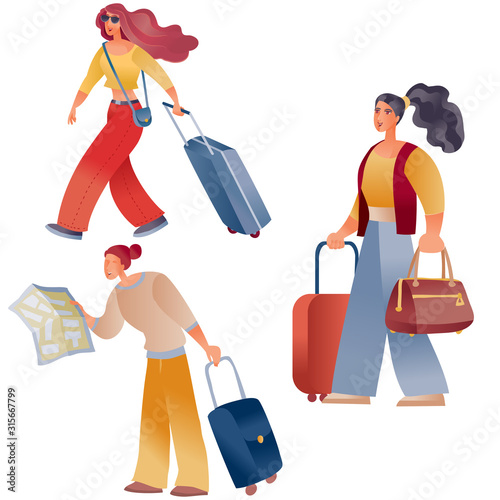 set of women with suitcases traveling or returning home, isolated object on white background,