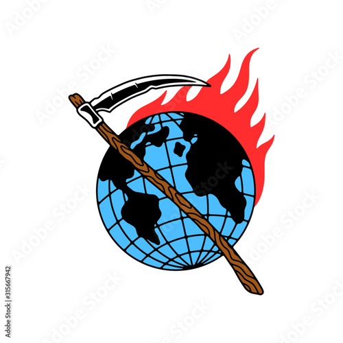 GLOBE AND SCYTHE IN FIRE COLOR WHITE BACKGROUND
