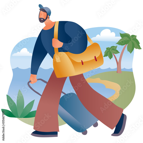 a man in a cap with a suitcase and a travel bag hurries somewhere past the fingers, the sea and the beach, tourist,