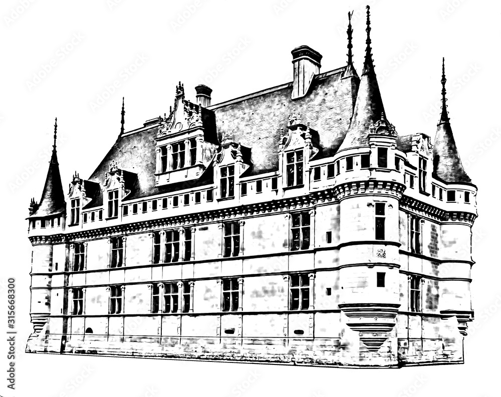 Graphical Castle Azay le Rideau (Chateau of Azay le Rideau) on white background, Indre et Loire, Loire Valley, France.  Pencil drawing style.