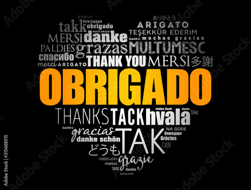 Obrigado (Thank You in Portuguese) love heart Word Cloud in different languages
