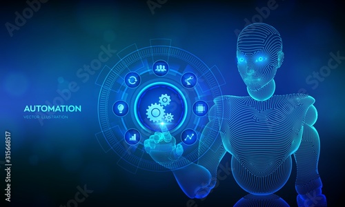 Automation Software. IOT and Automation concept as an innovation, improving productivity in technology and business processes. Wireframed cyborg hand touching digital interface. Vector illustration.