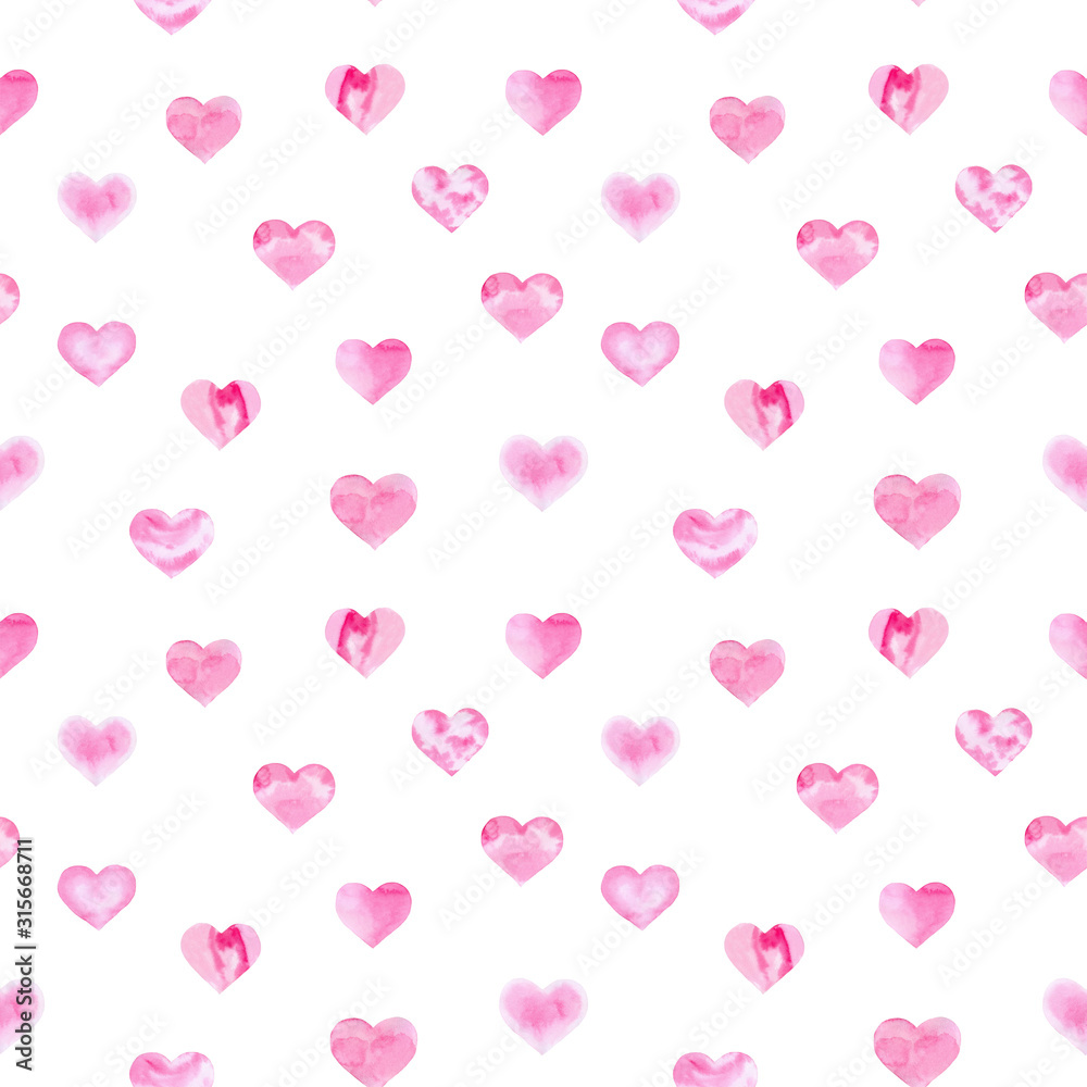Watercolor romantic pattern of pink hearts. Ideal for web sites, wrapping paper, scrolls, invitations, scrapbooking, valentines.