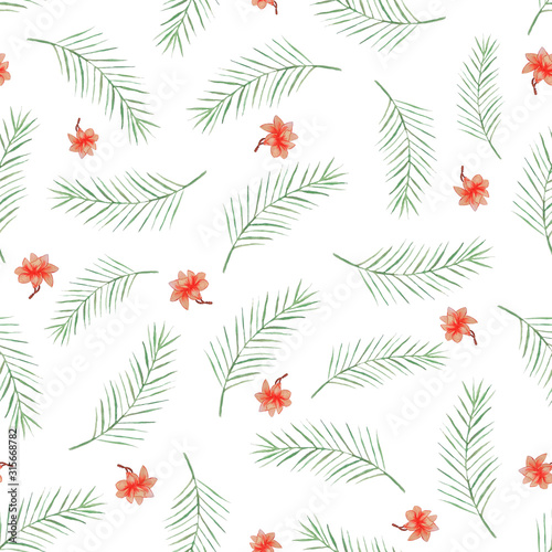 Watercolor pattern of palm leaves and tropical flowers. Great for use on web sites, as digital wallpaper, textiles, wrapping paper and other creative projects.