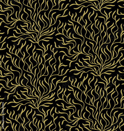 Abstract seamless vector pattern. Leaves  brunches  bushes.  Golden  isolated black background.