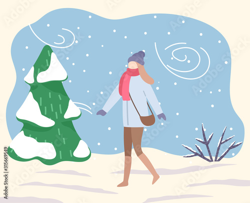 Woman in park or forest. Blizzard and bad weather conditions outdoors. Female character wearing warm clothes strolling on snow outside. Coldness and frost, low temperature vector in flat style