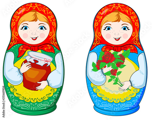 Russian nesting dolls Matryoshka isolated on white. Russian folk toys.Babushka doll.