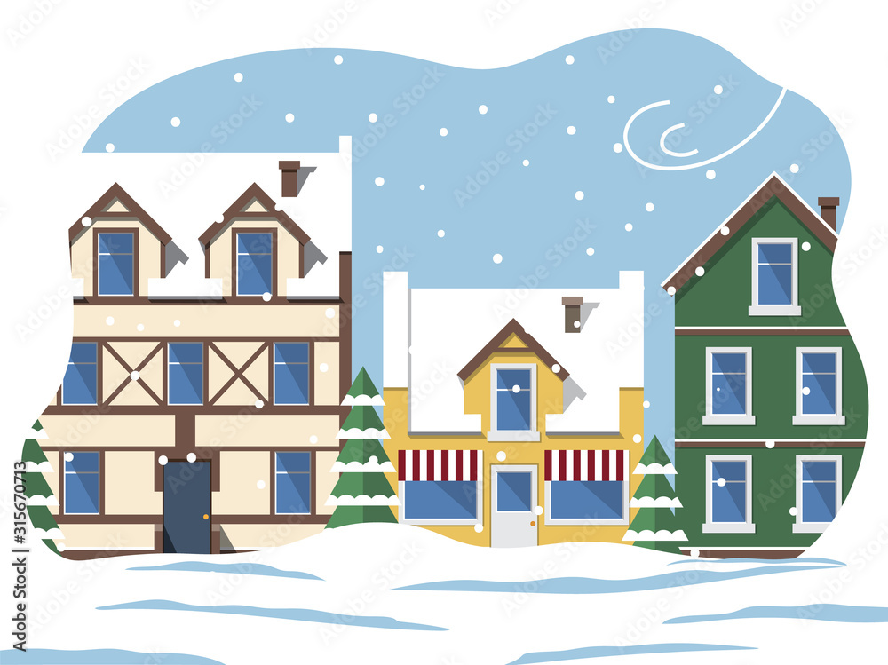 Town with old buildings and architecture in winter. Cityscape with snowing weather and bad conditions. Snowfall and wind in city. Roads covered with snow. Seasonal views, vector in flat style