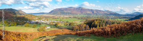 A panoramic view towards Braithwaite village from Barrow Fell in the Lake District,Cumbria,UK.