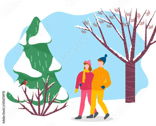 Man and woman walk through winter park or wood. People stroll hugging each other. Couple on romantic date in forest among snowy fir tree and shrub. Vector illustration of dating in flat style
