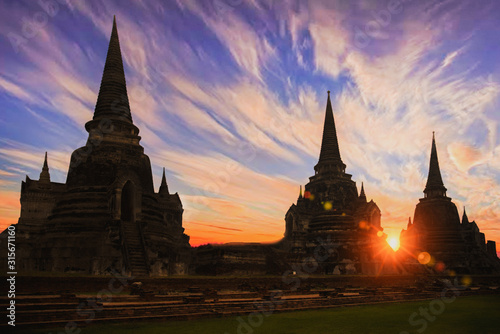 The ruins of the old temple in Ayutthaya historical park at sunset, Ayutthaya, Thailand