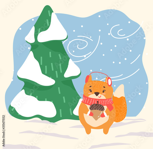 Cartoon animal stand on snowy ground in forest. Orange squirrel with acorn in paws dressed in earmuffs and scarf. Character walk among fir trees in winter wood. Vector illustration in flat style