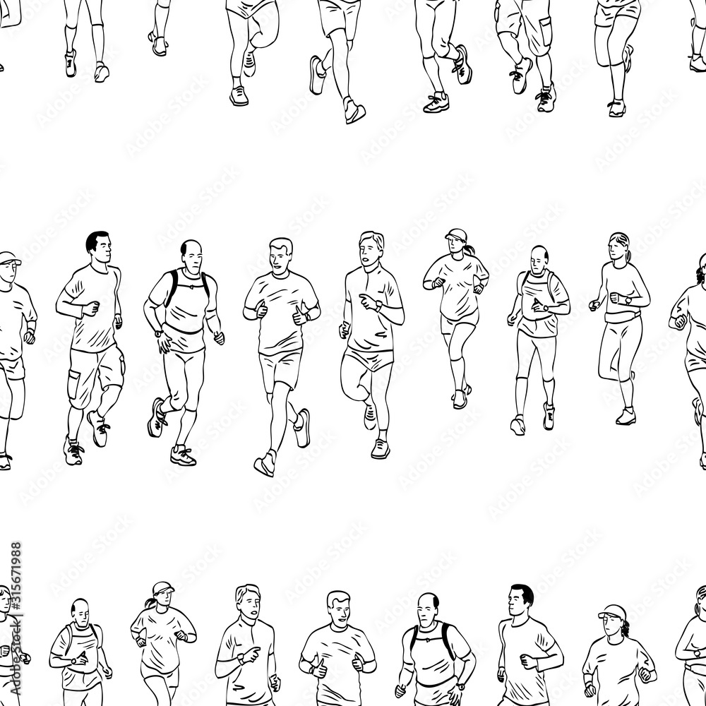 Naklejka premium Seamless backSeamless background of sketches townspeople jogging