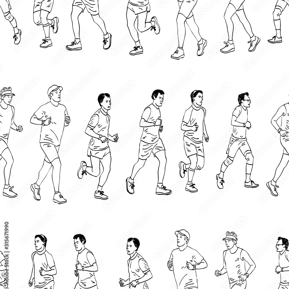 Seamless pattern of outlines group city men jogging