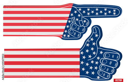 Set of Fan Foam Finger Like and Point with USA Flag. Concept of sport or elections symbol. Vector Illustration Isolated on white background.