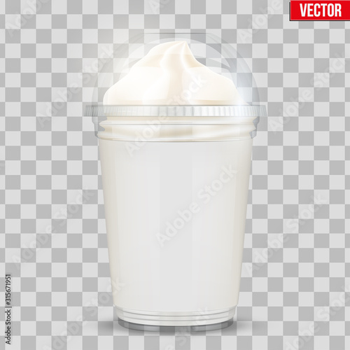 Clear plastic cup with ice cream and sphere dome cap. Plastic ice cream container with label. Vector Illustration on transparent background.