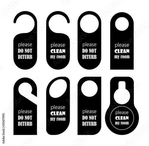 Hangers set vector icon. Paper, plastic, cardboard door lock cards isolated on white background. Don't disturb, calm, and clean door hanger tags for appartments and room in hostel hotel