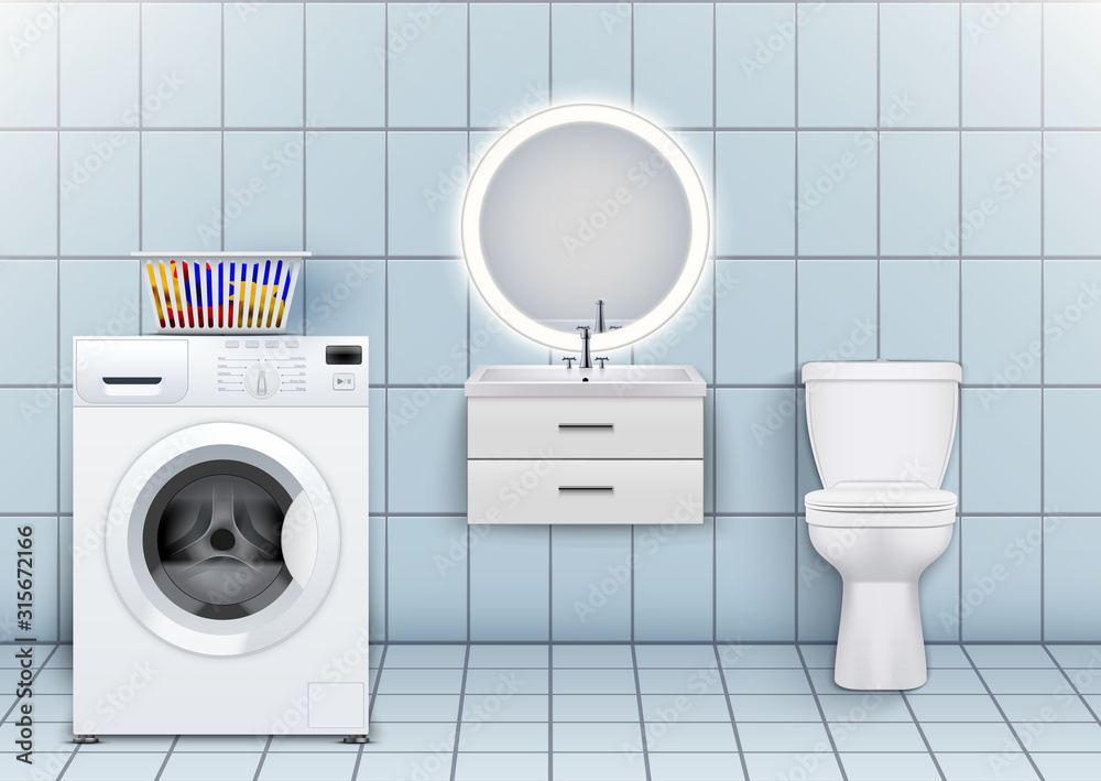 Washer and Washbasin cabinet with circle mirror and toilet. Domestic bathroom and laundry design Interior. White porcelain sink and stand cabinet. Washing Machine in Iterior. Vector Illustration