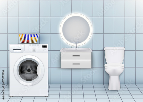 Washer and Washbasin cabinet with circle mirror and toilet. Domestic bathroom and laundry design Interior. White porcelain sink and stand cabinet. Washing Machine in Iterior. Vector Illustration