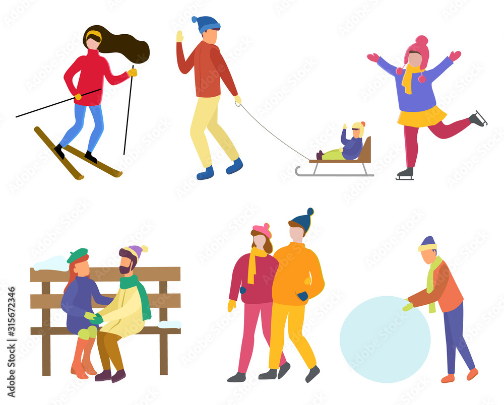 Collection of winter characters, isolated set of man and woman leading active lifestyle. Skiing female and child. Couple sitting on wooden bench. Personage with snowball, sculpting snowman vector