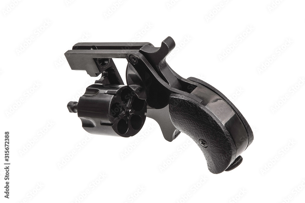 Small black gun revolver isolate on white background. Pocket pistol for self-defense. Ladies' revolver. Spy Weapon. Small black gun revolver isolate on white background. Pocket pistol for self-defense. Ladies' revolver. Spy Weapon.
