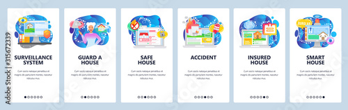 House safety and protection, surveillance system, smart house, accident insurance. Mobile app onboarding screens. Menu vector banner template for website and mobile development. Web site illustration