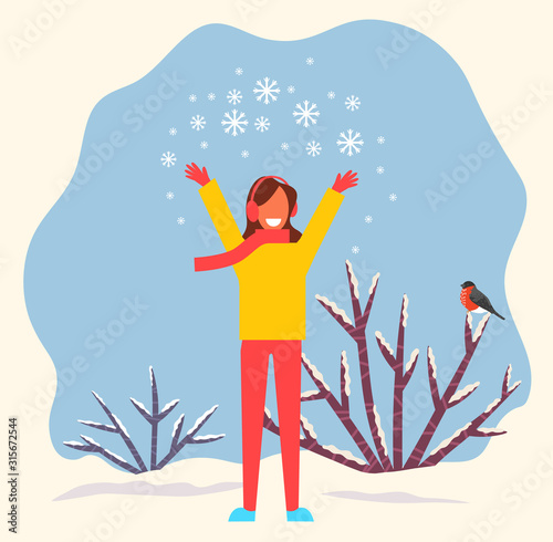 Female character throwing up snow pile. Snowflakes sparkling in air. Woman wearing warm clothes knitted sweater and scarf. Character in wintry park or forest. Bush with bullfinch on twig vector