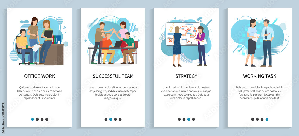 Working task vector, office work people thinking on business idea and solution for problem, startup team planning strategy and next steps. Website or app slider template, landing page flat style