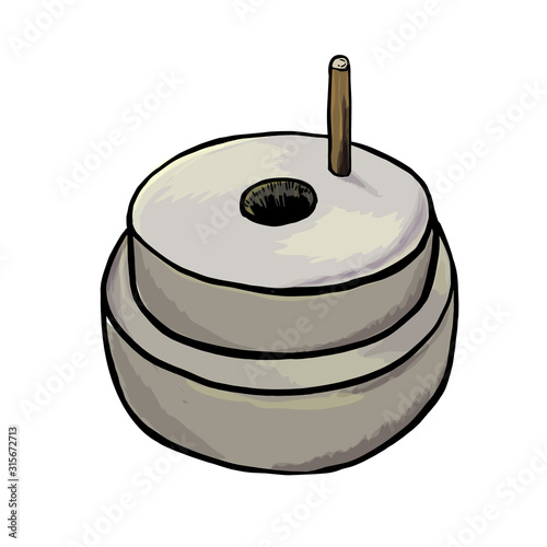 Hand millstones for grain with handle holder. Vintage. Hand realistic drawing.