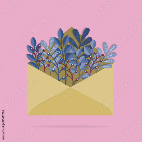 Bouquet of daffodils and mimosa in the postal envelope. Spring flowers. Flower delivery concept. Floral composition. Vector illustration on a blue background
