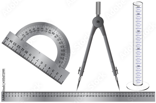 Physical instruments for measuring quantities - ruler, protractor, compass, graduated cylinder 