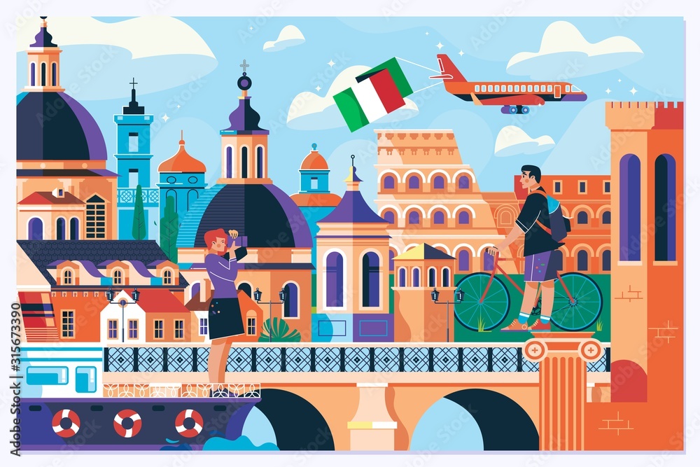 Rome Europe travel summer tourism holiday vacation background.View above downtown of Rome, Italy.Flat vector illustration