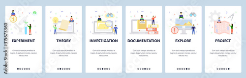 Science research, theory and experiment, documents, project plan. Mobile app onboarding screens. Menu vector banner template for website and mobile development. Web site design flat illustration