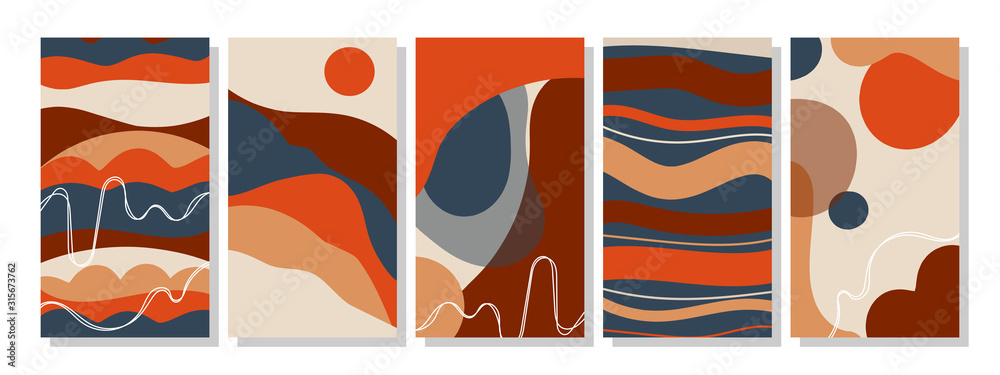 Zestaw pionowych abstrakcyjnych teł lub szablonów kart w nowoczesnych kolorach, w popularnym stylu artystycznym <span>plik: #315673762 | autor: CreativeUniverse</span>