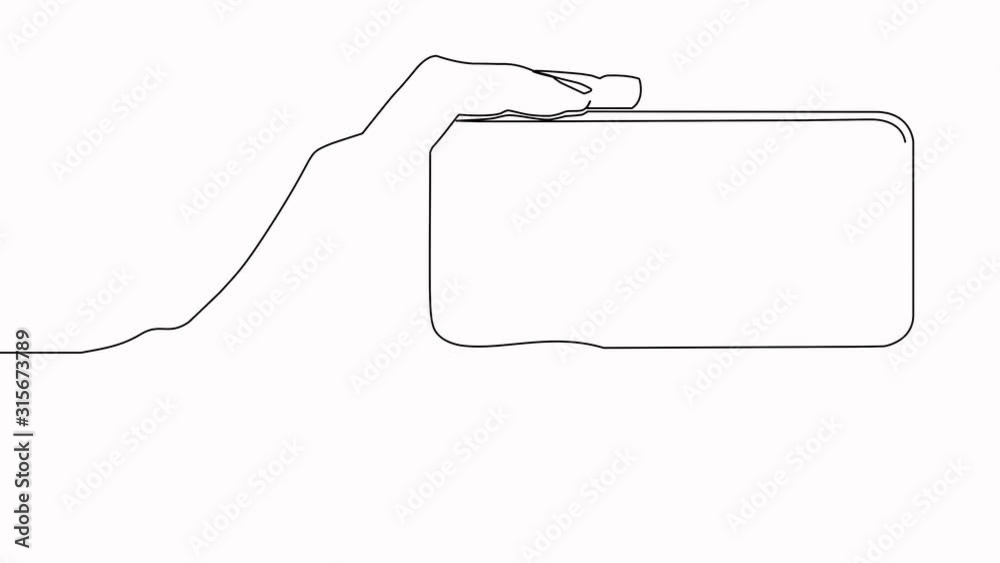 Hand holds smartphone. Self drawing animation of continuous one single line drawing Hand holds smartphone. Self drawing animation of continuous one single line drawing
