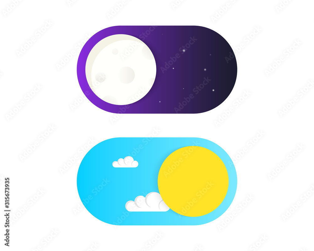 On Off Toggle switch button vector. Light and Dark Buttons. Day and Night Mode. Vector On Off Switch