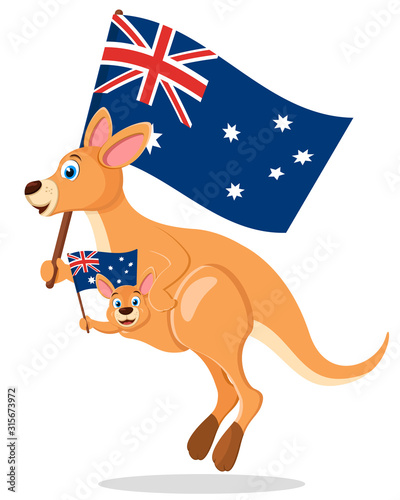 Kangaroo with a baby in a bag jump and wave flags on a white. Australia day