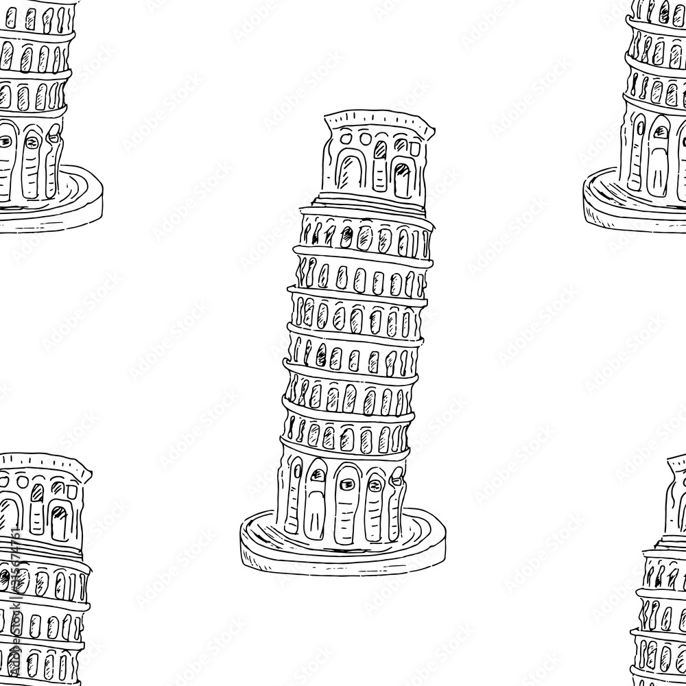 Obraz premium Leaning Tower of Pisa seamless pattern, hand drawn sketched background. vector illustration