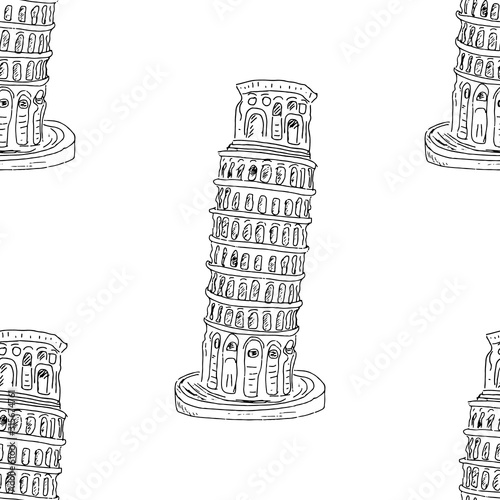 Leaning Tower of Pisa seamless pattern, hand drawn sketched background. vector illustration