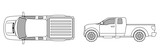 car top view sketch contour shape and side pickup , for parking scheme or architecture presentation , actual proportion size. Black isolated on white vector, popular brand Ford F-150, common model