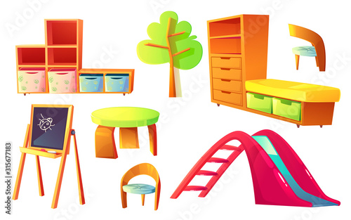 Kindergarten furniture, set cartoon vector illustrations. Wooden furniture for childrens play or class room, desk, chairs, empty bookshelves and cabinet with drawers, isolated on white background