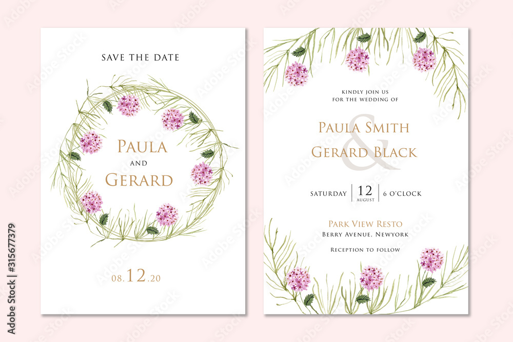 wedding invitation with hydrangea floral watercolor